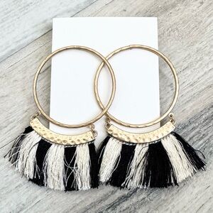 Gold Hoop Black Cream Tassel Earrings
